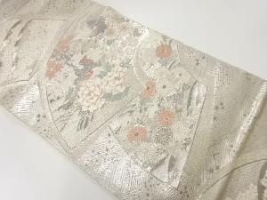 アンティーク　ホワイトゴールド箔地紙に花鳥模様織出し袋帯（材料）